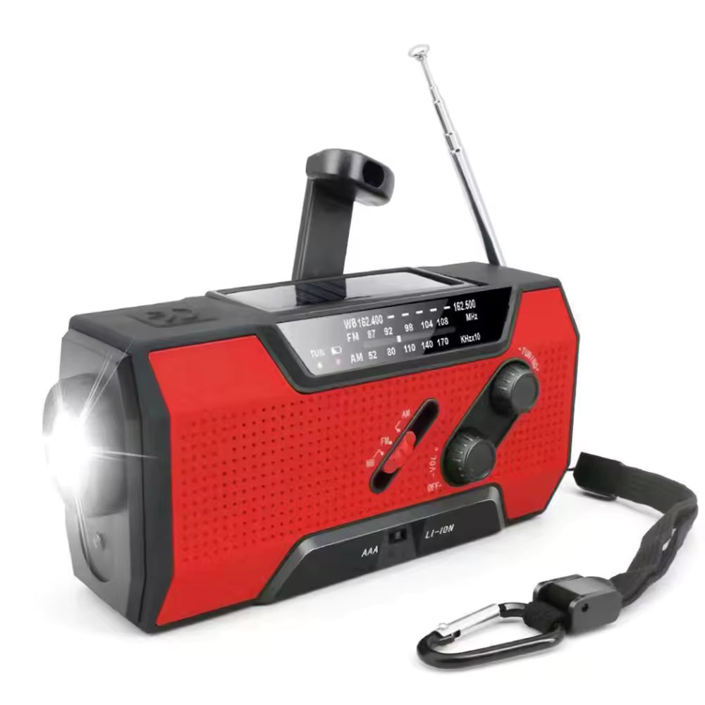 Portable 2000mAh Emergency Weather Radio with NOAA/AM/FM, Solar Hand Crank Charging, SOS Alarm, Flashlight, Pop-Up Reading Light, and 4-Way Power