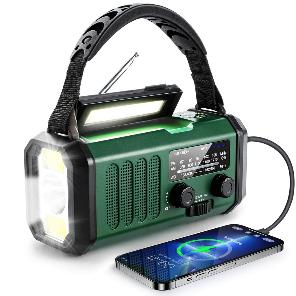 10,000mAh Emergency Weather Radio with Compass Solar, Hand Crank, USB Charging, AM/FM/NOAA Alerts, Flashlight, Reading Light, and Power Bank