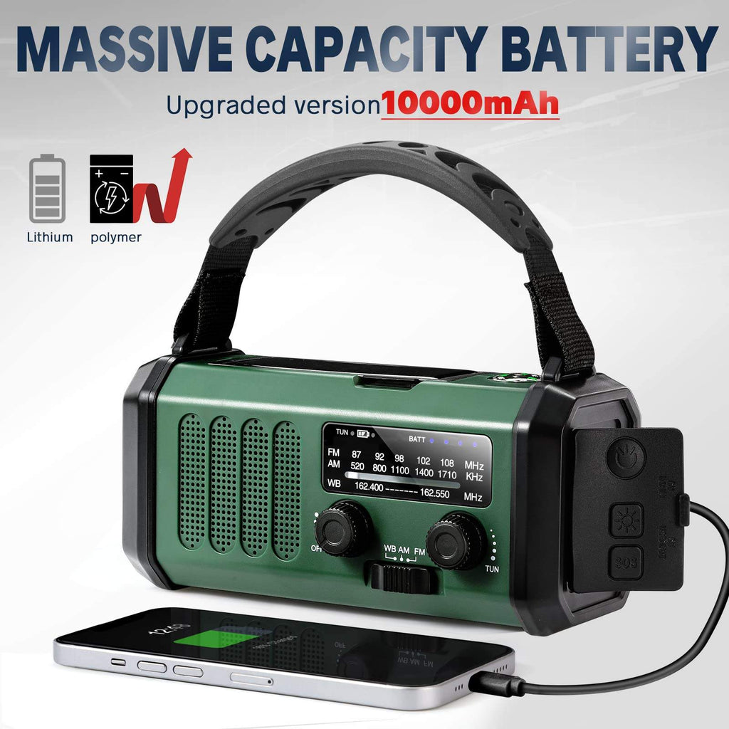 10,000mAh Emergency Weather Radio with Compass Solar, Hand Crank, USB Charging, AM/FM/NOAA Alerts, Flashlight, Reading Light, and Power Bank