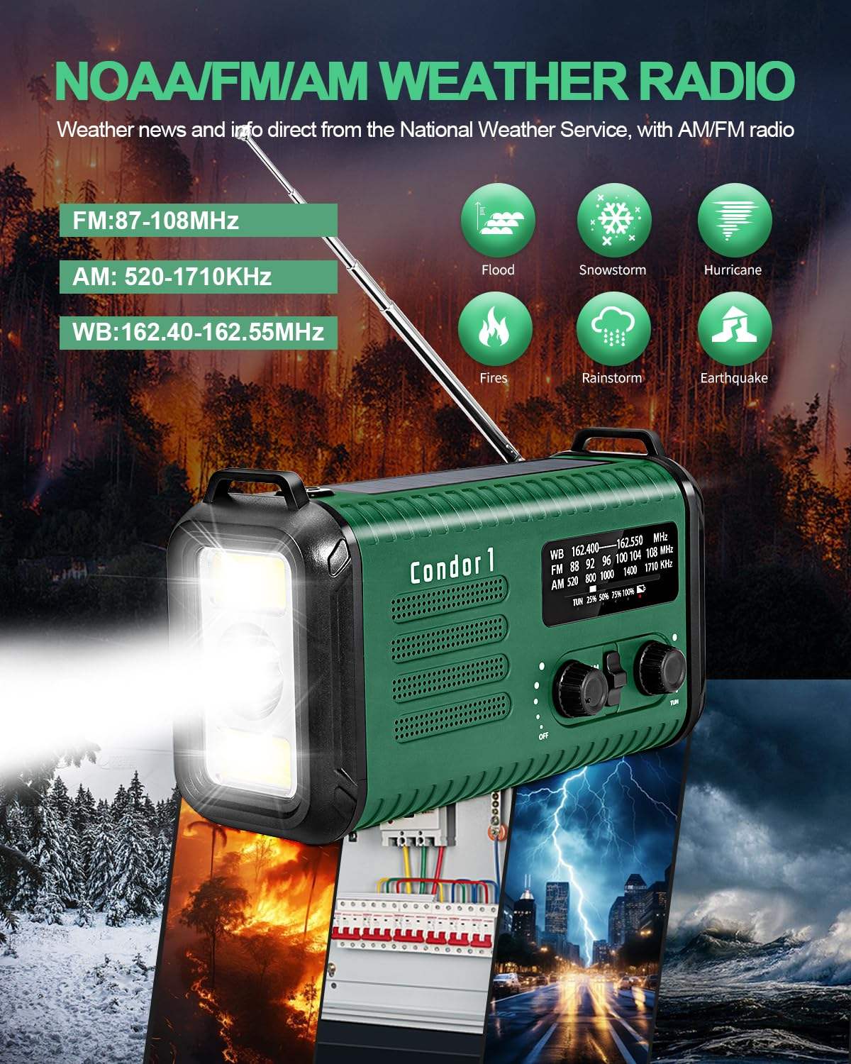 20,000mAh Survival Weather Radio with Solar, Hand Crank, NOAA AM/FM Dual Phone Charging, 120dB Alarm, Compass, Fire Starter, and Knife