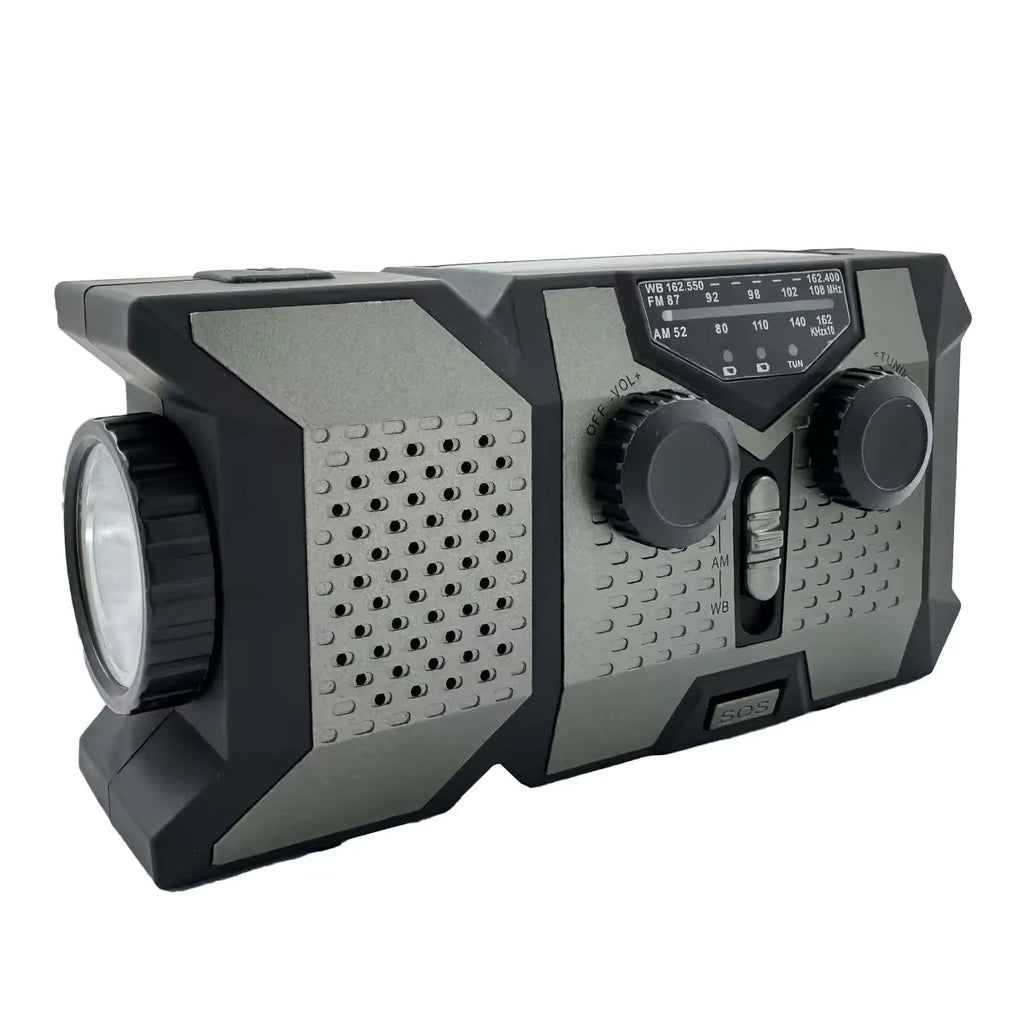 Portable Emergency Weather Radio with 2000mAh Phone Charger, AM/FM/NOAA, High-Efficiency Solar Power, LED Flashlight, SOS Alarm, and Hand Crank Backup