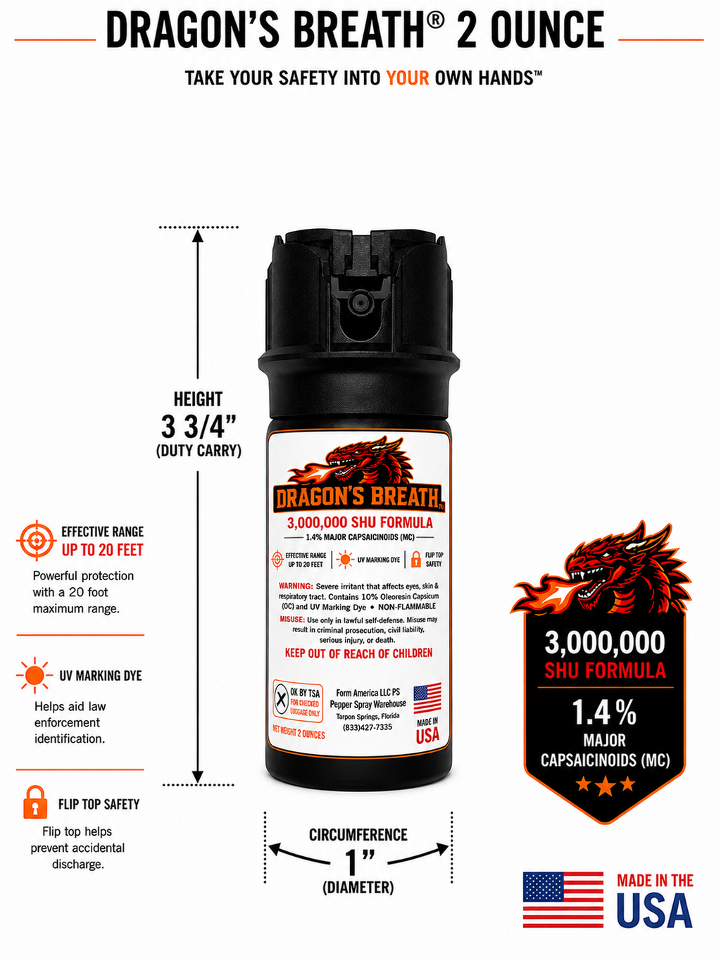 2OZ Dragon's Breath Pepper Spray™  with 1.4 MC, 2oz CarryMax™ Size, 20 Foot Range