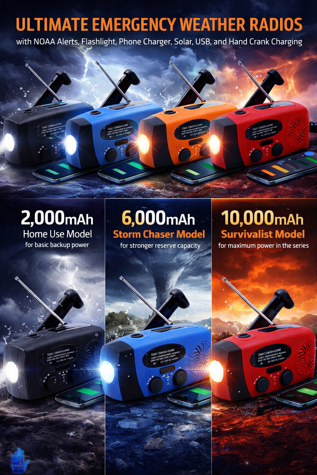 7-Band Emergency Weather AM/FM/WB Radio with NOAA Alerts, Flashlight, Phone Charger, Solar, USB, and Hand Crank Charging