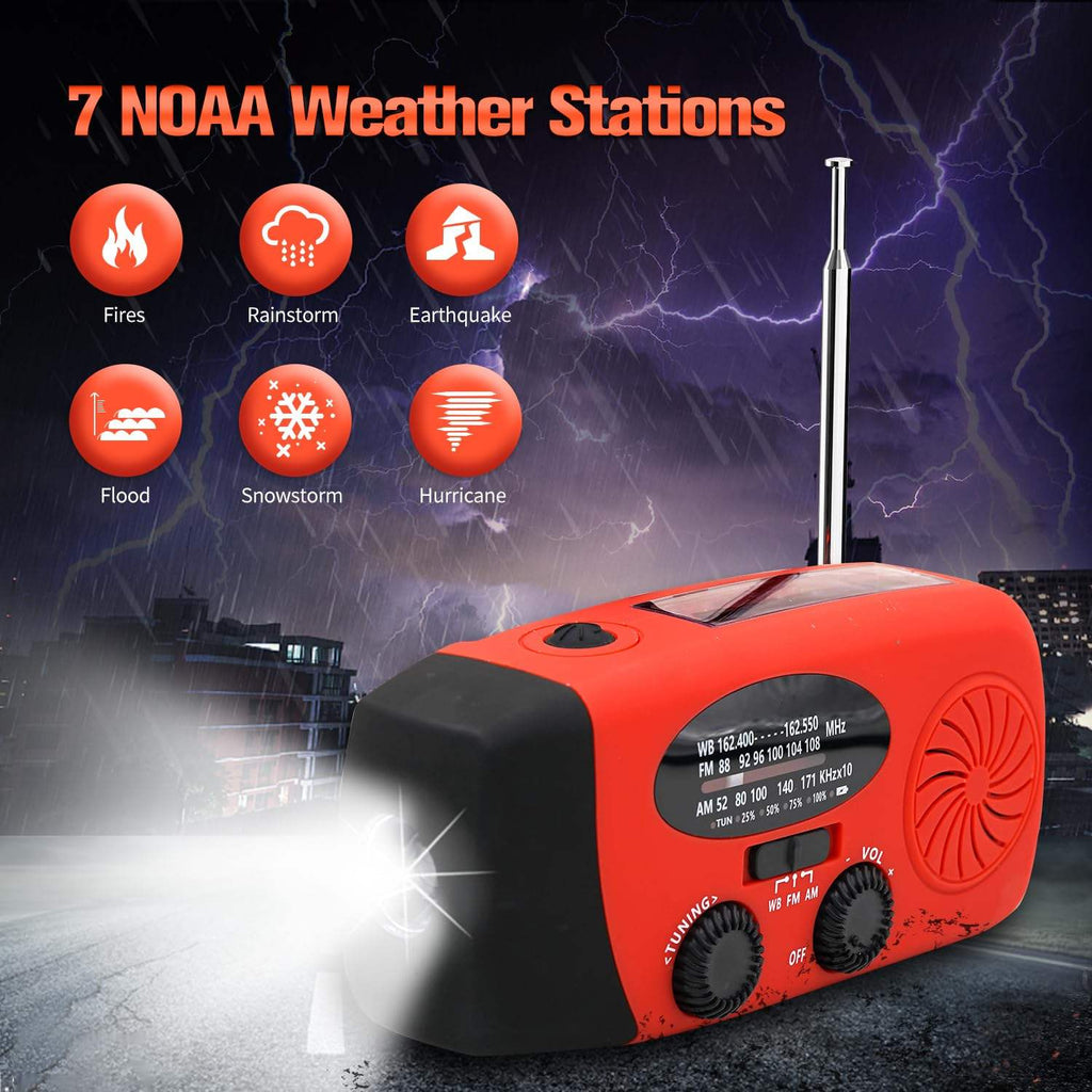 7-Band Emergency Weather AM/FM/WB Radio with NOAA Alerts, Flashlight, Phone Charger, Solar, USB, and Hand Crank Charging