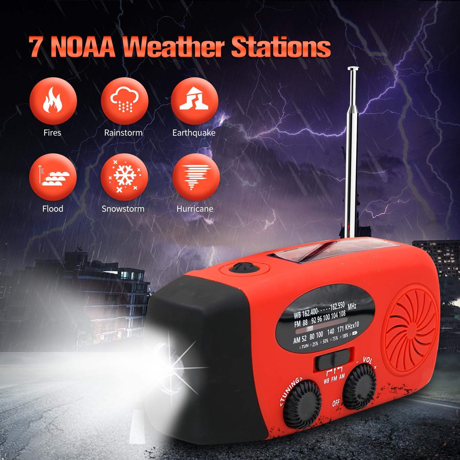 7-Band Emergency Weather AM/FM/WB Radio with NOAA Alerts, Flashlight, Phone Charger, Solar, USB, and Hand Crank Charging