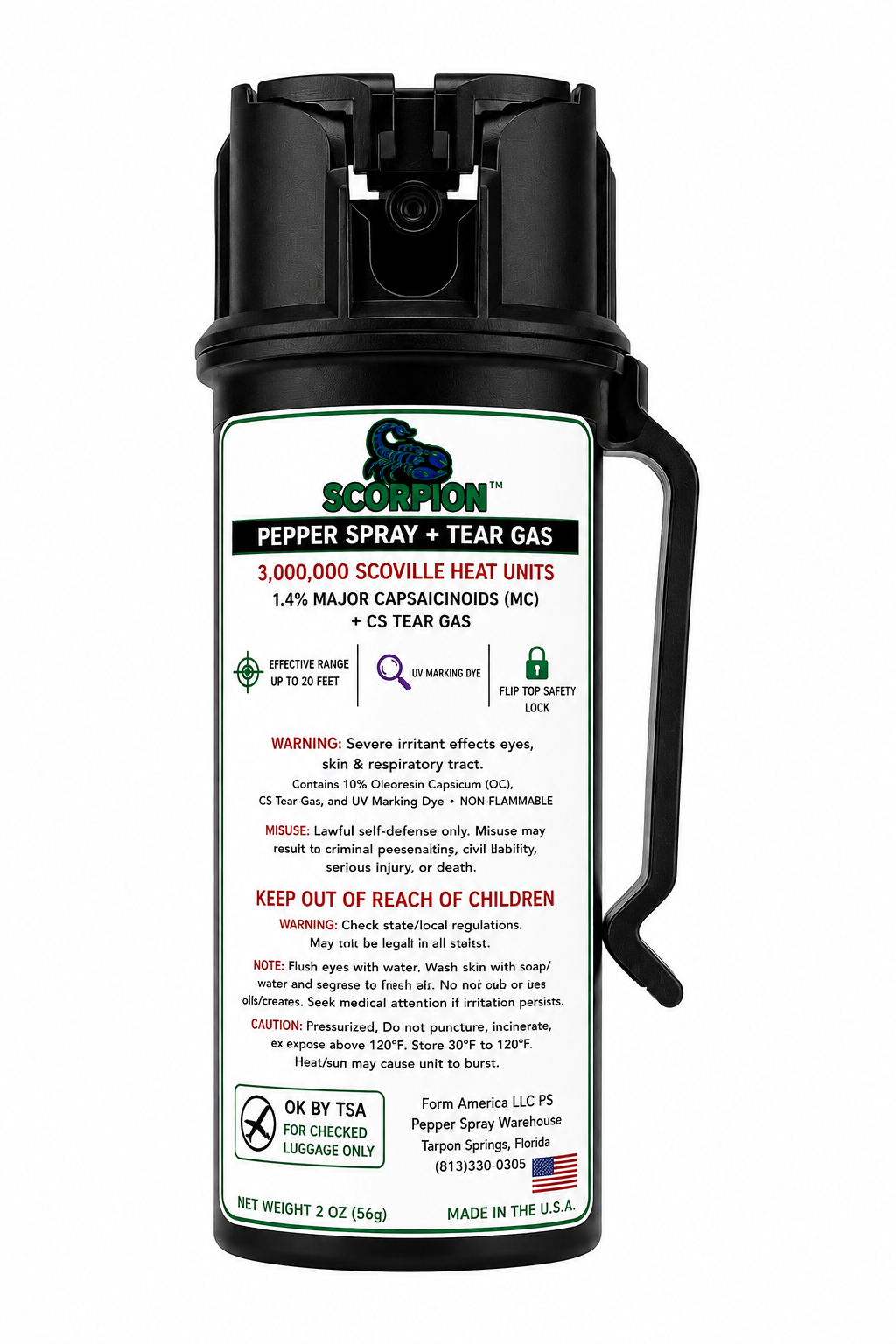 Scorpion Pepper Spray™ with OC + CS Tear Gas, 1.4 MC, Belt Clip, 2oz CarryMax™ Size, 20 Foot Range