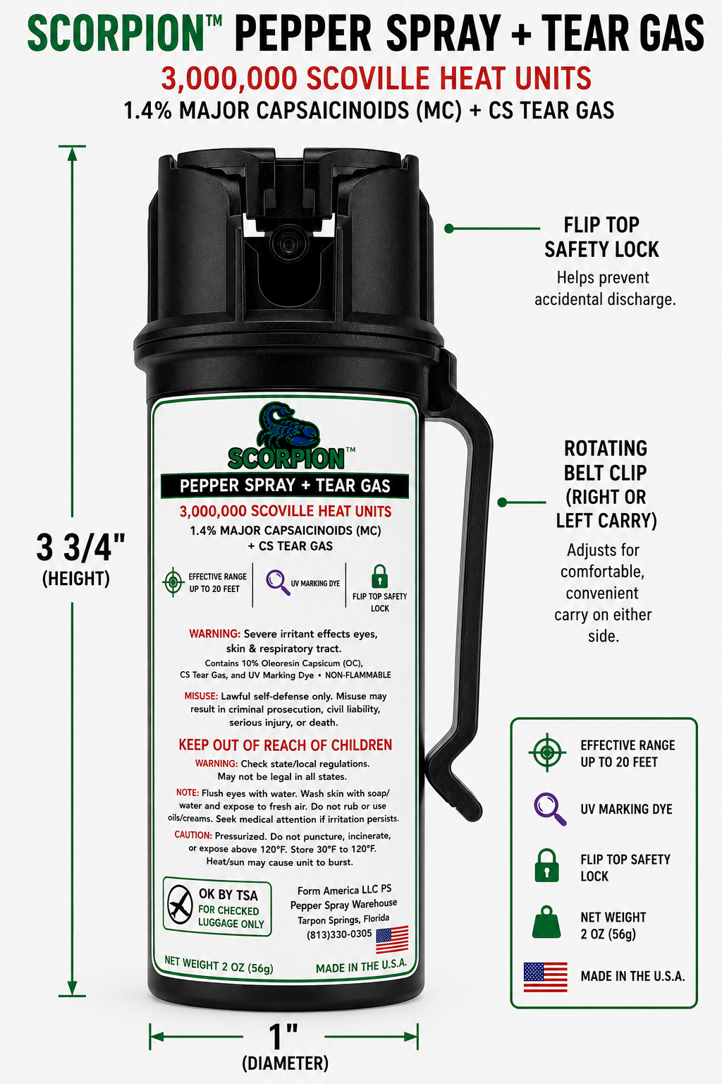 Scorpion Pepper Spray™ with OC + CS Tear Gas, 1.4 MC, Belt Clip, 2oz CarryMax™ Size, 20 Foot Range