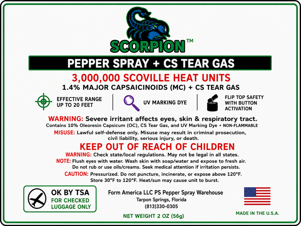 Scorpion Pepper Spray™ with OC + CS Tear Gas, 1.4 MC, Belt Clip, 2oz CarryMax™ Size, 20 Foot Range