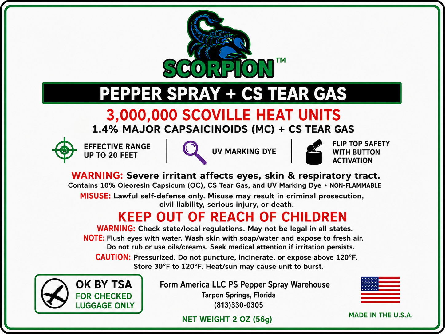 Scorpion Pepper Spray™ with OC + CS Tear Gas, 1.4 MC, Belt Clip, 2oz CarryMax™ Size, 20 Foot Range