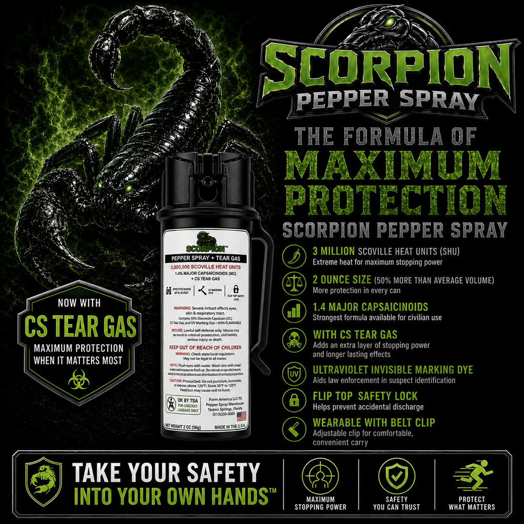 Scorpion Pepper Spray™ with OC + CS Tear Gas, 1.4 MC, Belt Clip, 2oz CarryMax™ Size, 20 Foot Range