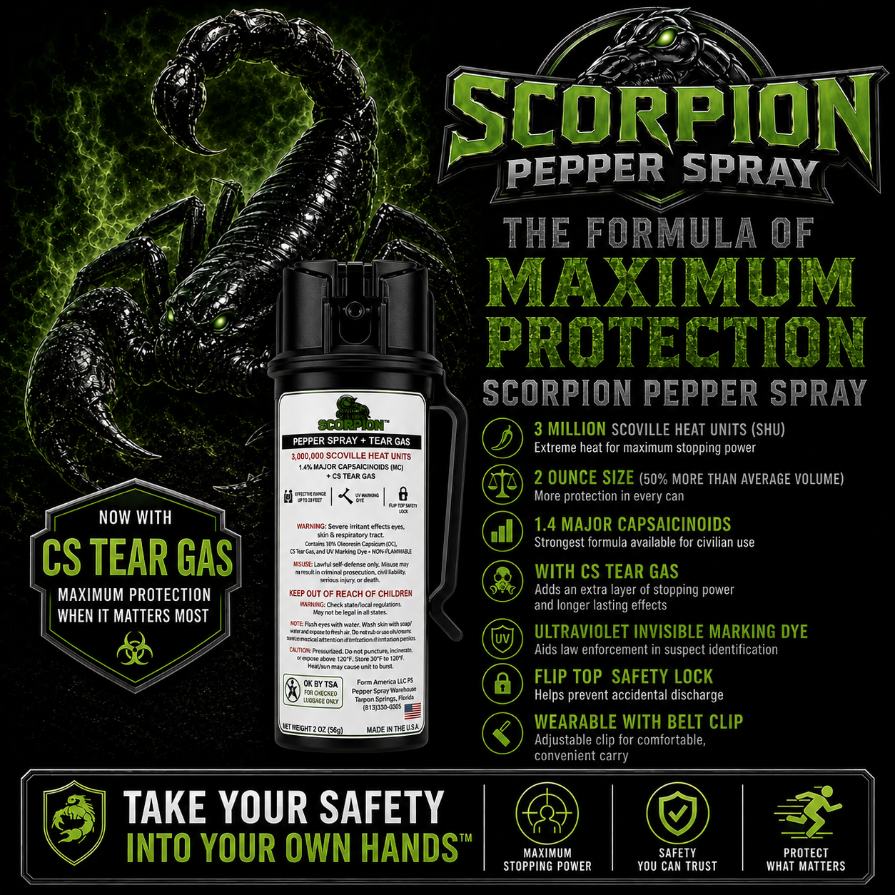 Scorpion Pepper Spray™ with OC + CS Tear Gas, 1.4 MC, Belt Clip, 2oz CarryMax™ Size, 20 Foot Range