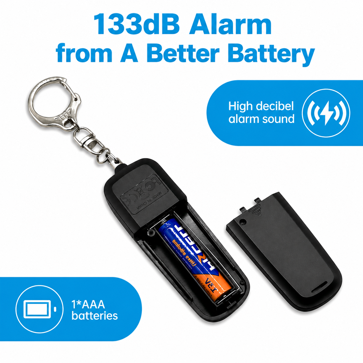 Resonant™ 133 dB Personal Alarm, LED Light, Ultra Slim, AAA Battery Powered