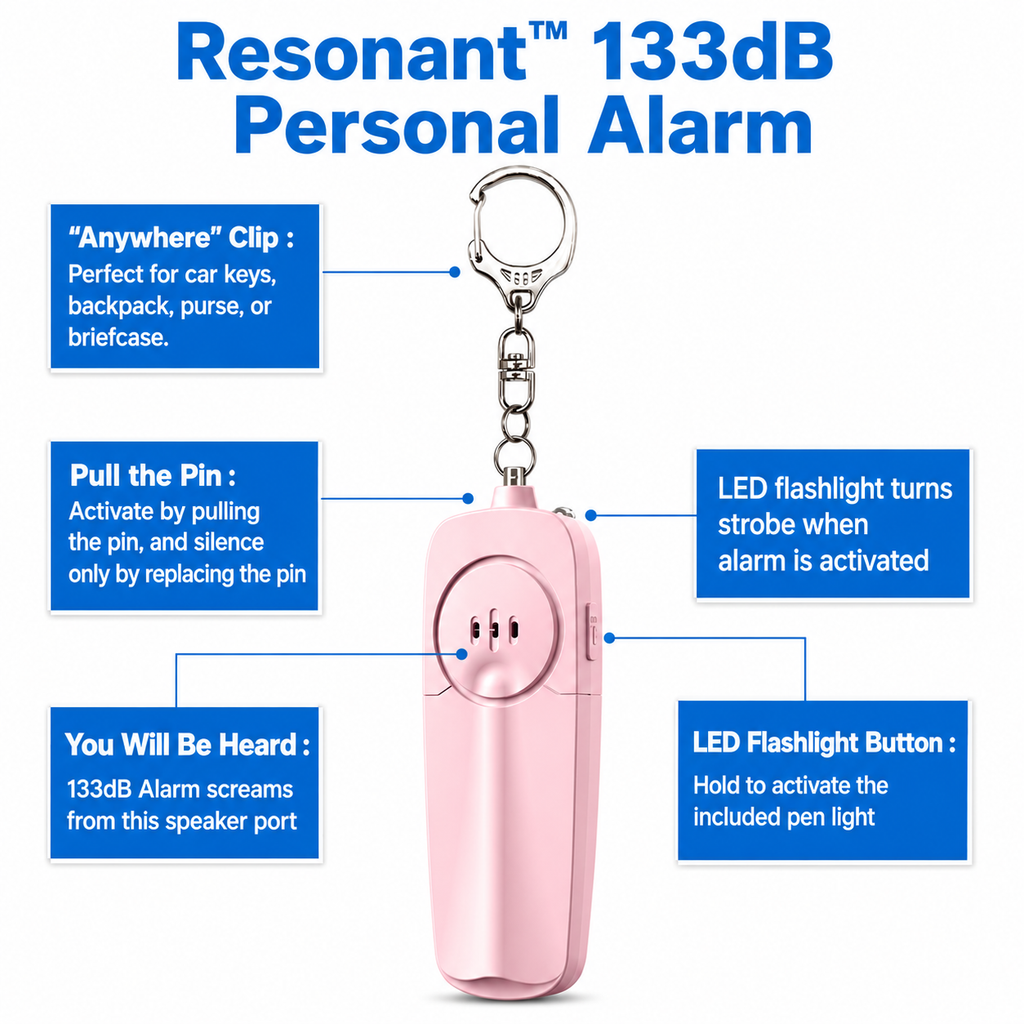 Resonant™ 133 dB Personal Alarm, LED Light, Ultra Slim, AAA Battery Powered