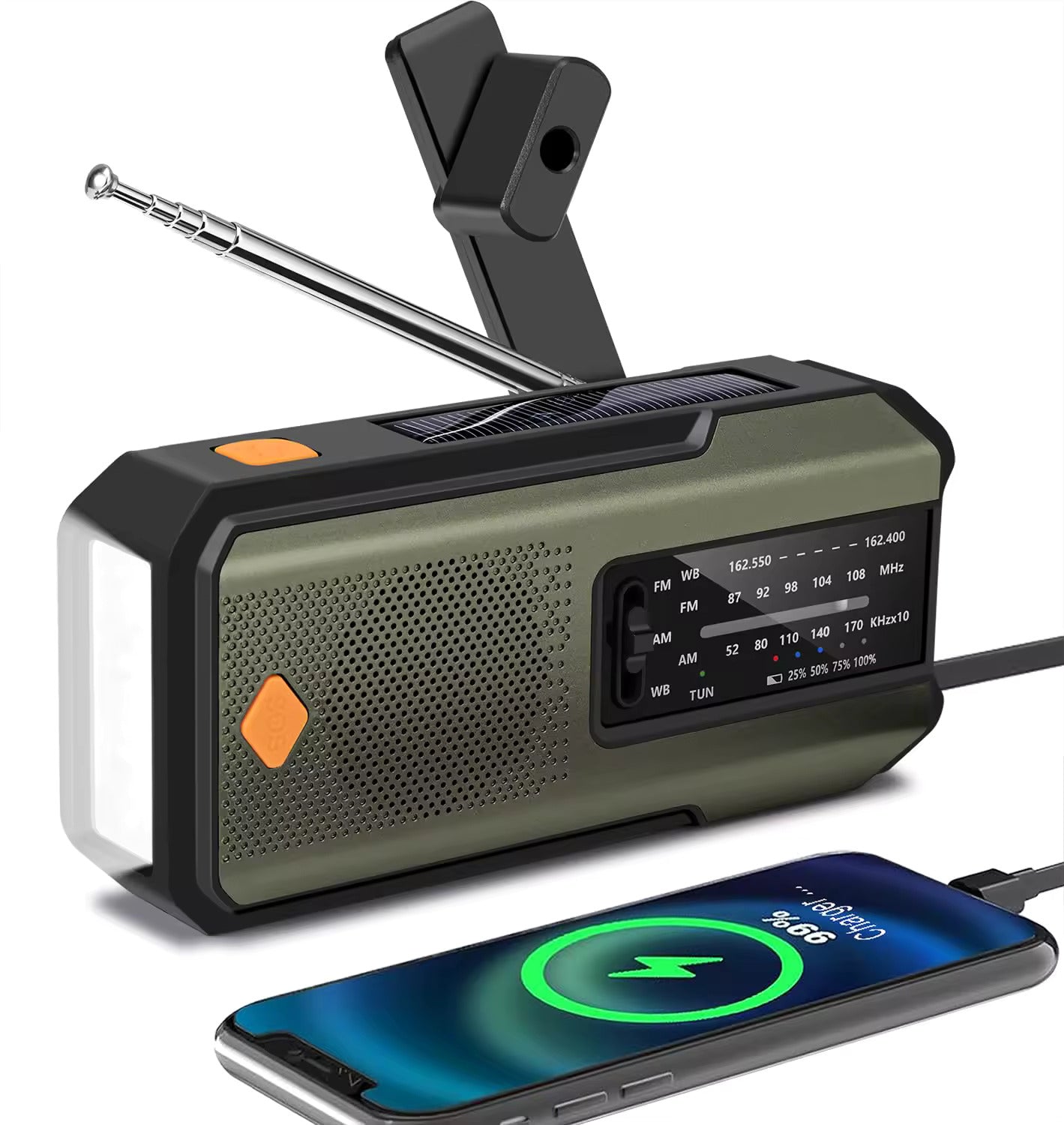 Compact Solar Emergency Weather Radio with 2000mAh Power Bank, AM/FM/NOAA, Front SOS Alarm Button, LED Flashlight, Cell Phone Charger, and Hand Crank