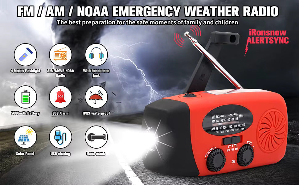 7-Band Emergency Weather AM/FM/WB Radio with NOAA Alerts, Flashlight, Phone Charger, Solar, USB, and Hand Crank Charging