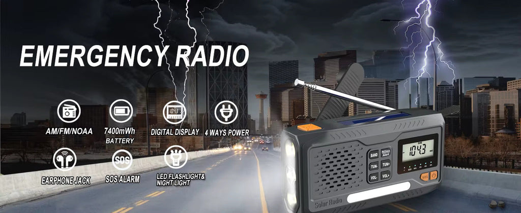 Digital Display Emergency Weather Radio with AM/FM/NOAA, Cell Phone Charger, Solar, Hand Crank, Flashlight, SOS Alarm, and Night Light