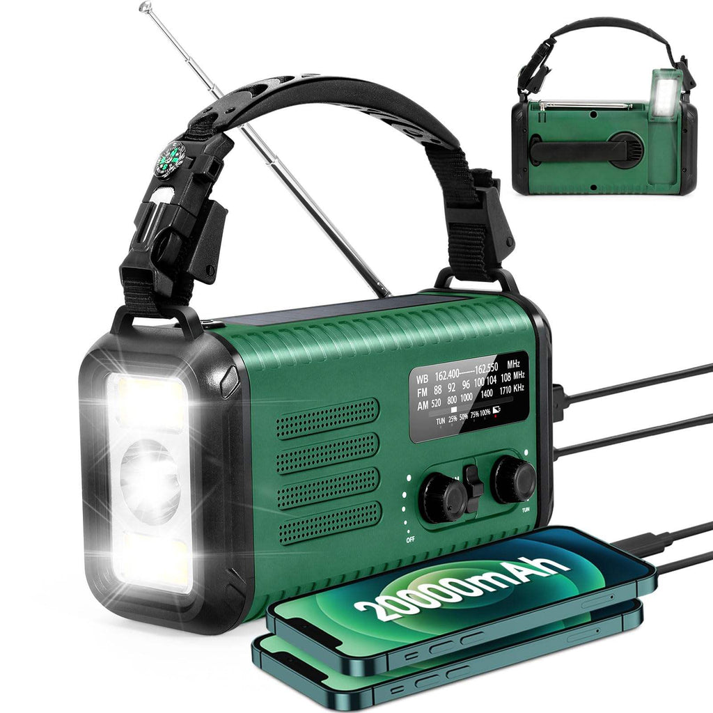 20,000mAh Survival Weather Radio with Solar, Hand Crank, NOAA AM/FM Dual Phone Charging, 120dB Alarm, Compass, Fire Starter, and Knife