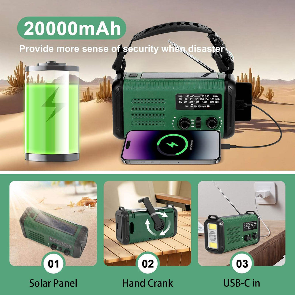 20,000mAh Survival Weather Radio with Solar, Hand Crank, NOAA AM/FM Dual Phone Charging, 120dB Alarm, Compass, Fire Starter, and Knife