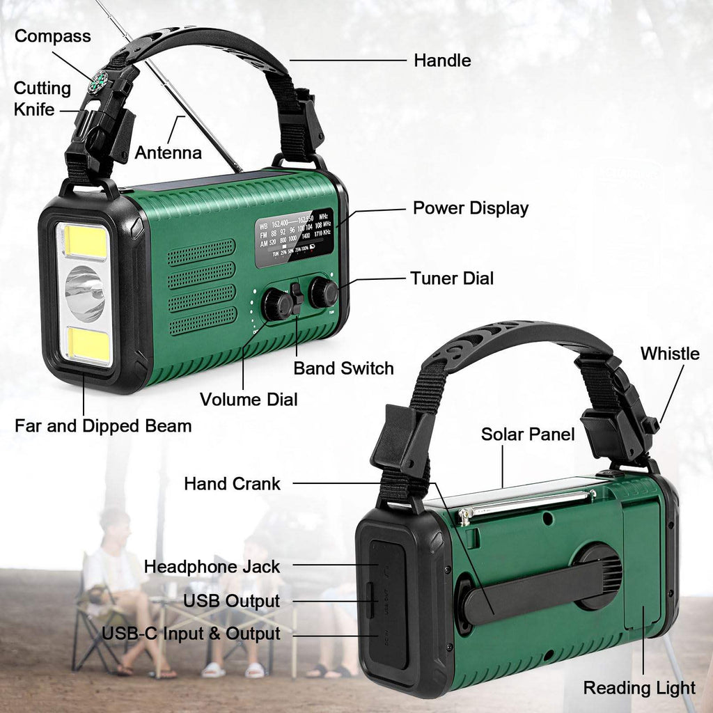 20,000mAh Survival Weather Radio with Solar, Hand Crank, NOAA AM/FM Dual Phone Charging, 120dB Alarm, Compass, Fire Starter, and Knife