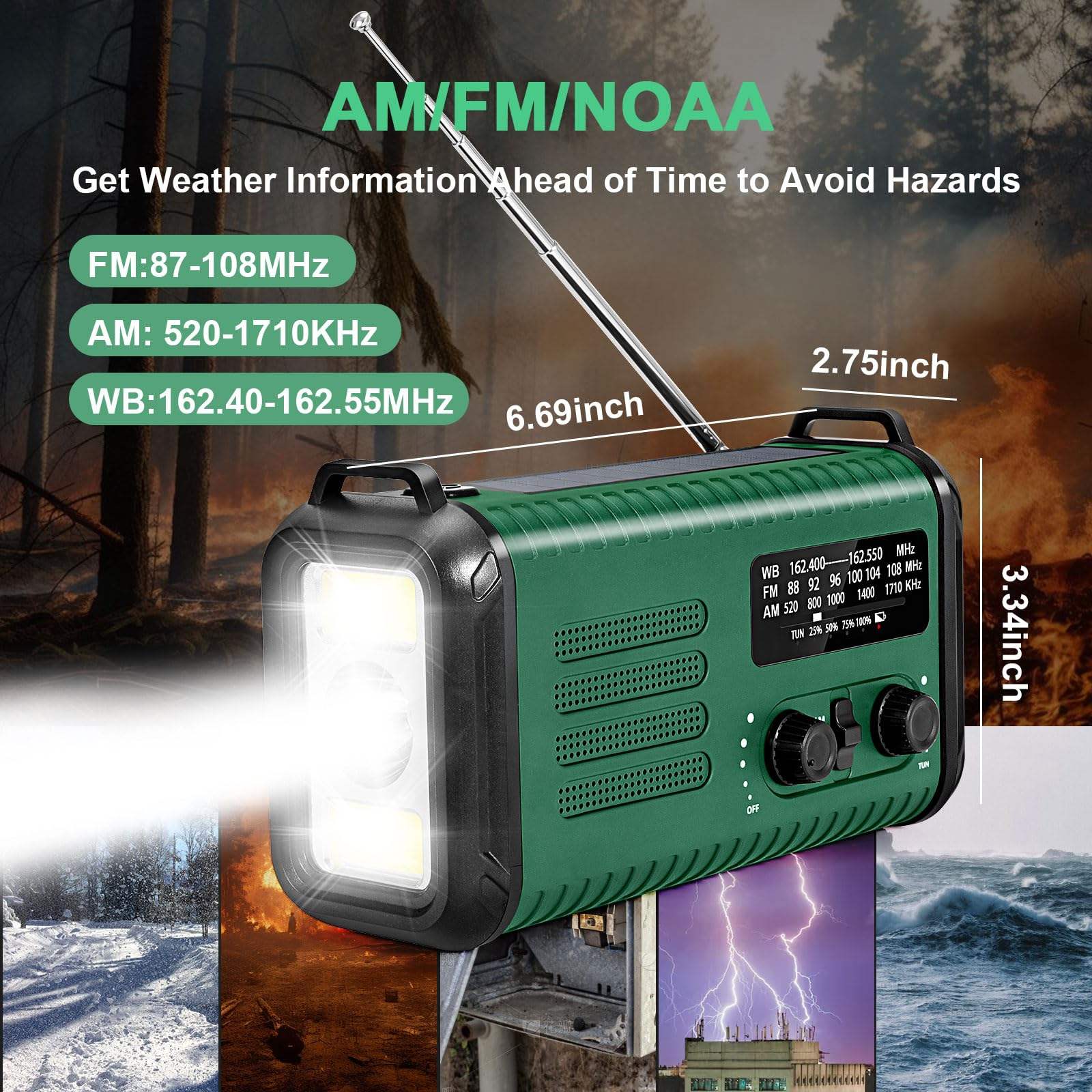 20,000mAh Survival Weather Radio with Solar, Hand Crank, NOAA AM/FM Dual Phone Charging, 120dB Alarm, Compass, Fire Starter, and Knife