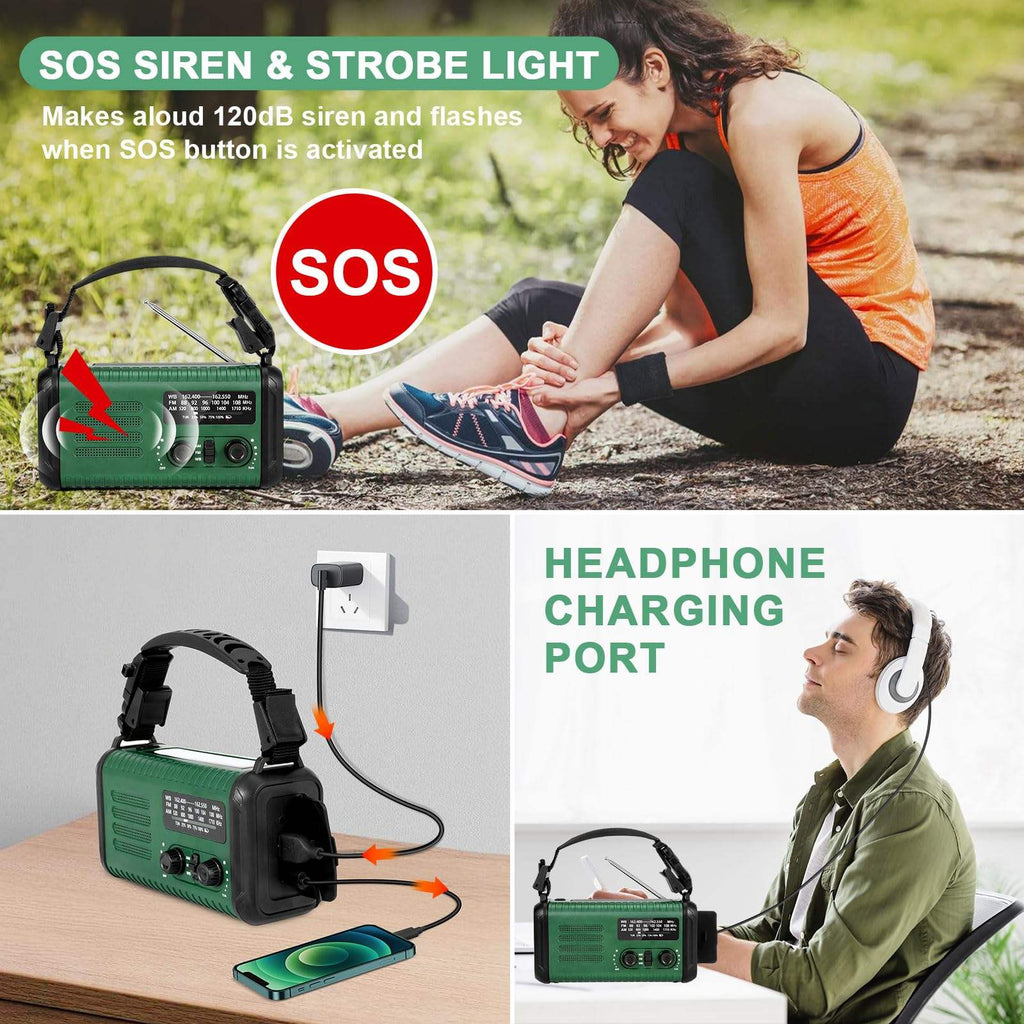 20,000mAh Survival Weather Radio with Solar, Hand Crank, NOAA AM/FM Dual Phone Charging, 120dB Alarm, Compass, Fire Starter, and Knife