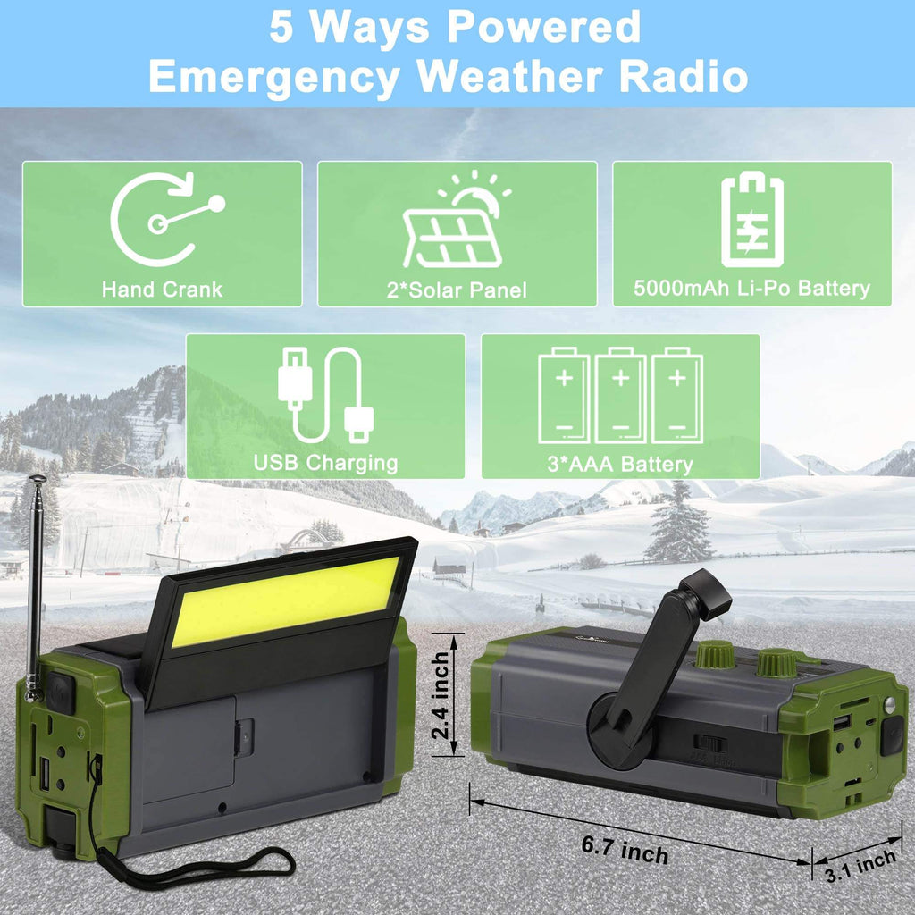 Dual Solar Panel Emergency Weather Radio with 5000mAh Power Bank, NOAA, AM/FM, Flashlight, Reading Light, SOS Alarm, and Hand Crank Charging