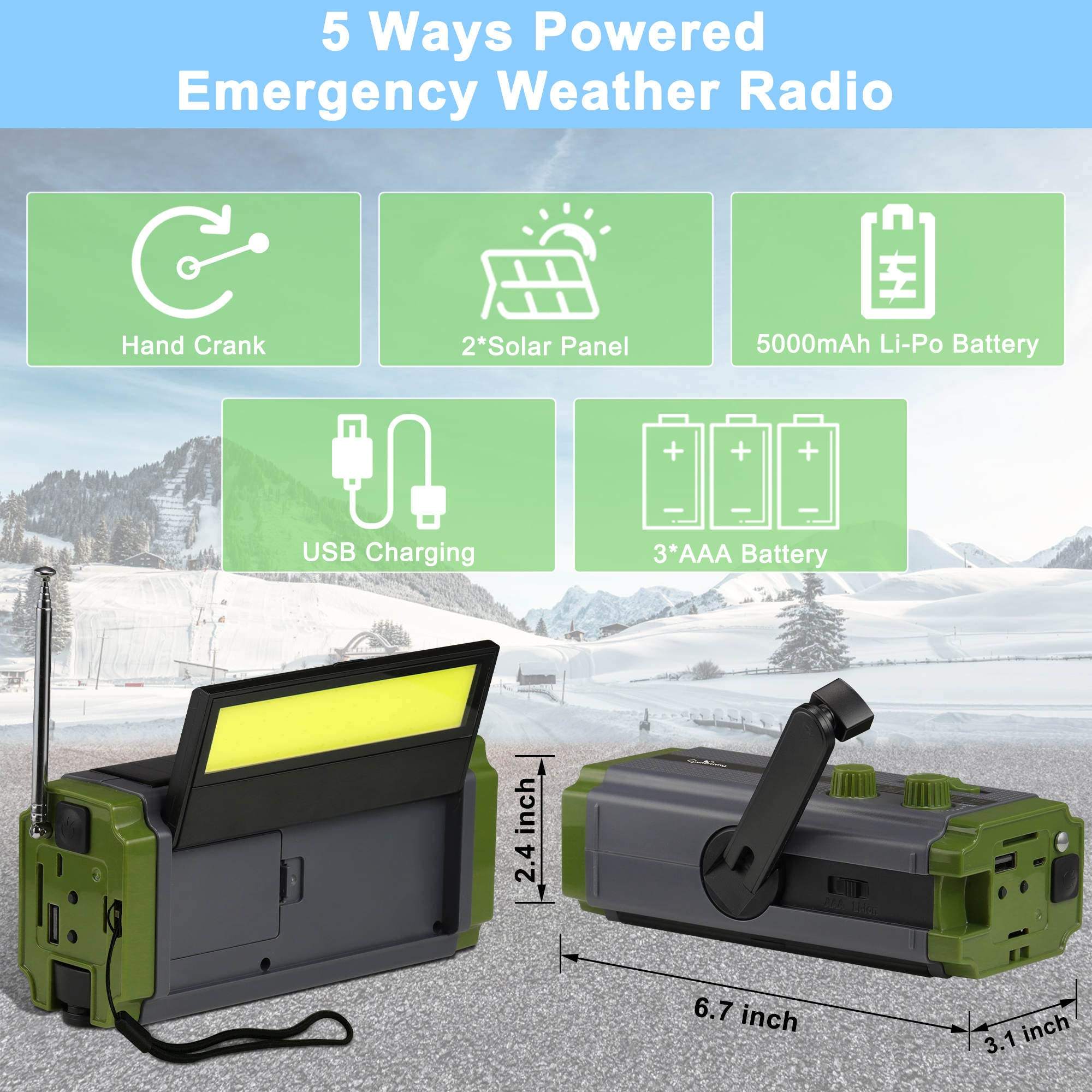 Dual Solar Panel Emergency Weather Radio with 5000mAh Power Bank, NOAA, AM/FM, Flashlight, Reading Light, SOS Alarm, and Hand Crank Charging