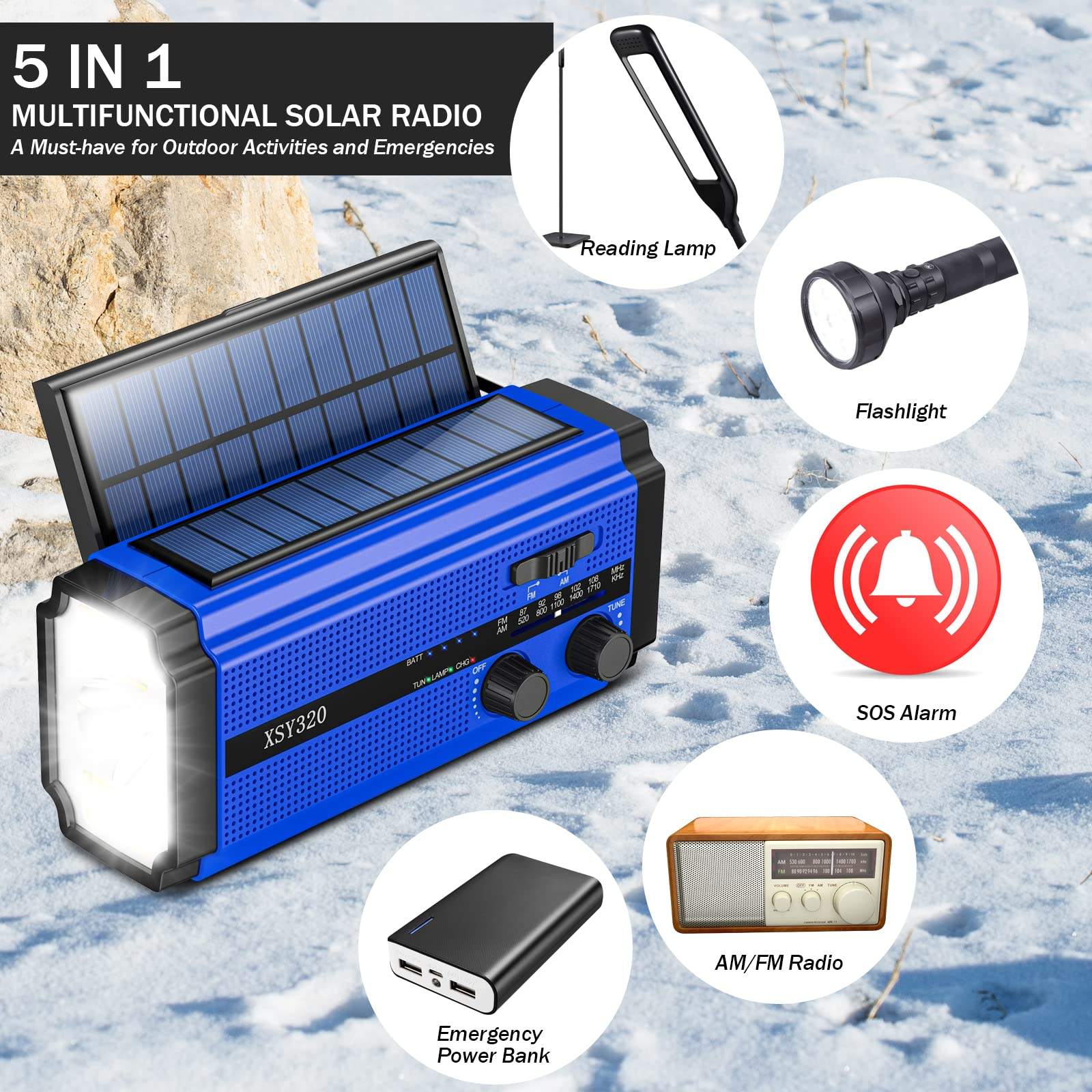 Dual Solar Panel Emergency Weather Radio with 5000mAh Power Bank, NOAA, AM/FM, Flashlight, Reading Light, SOS Alarm, and Hand Crank Charging