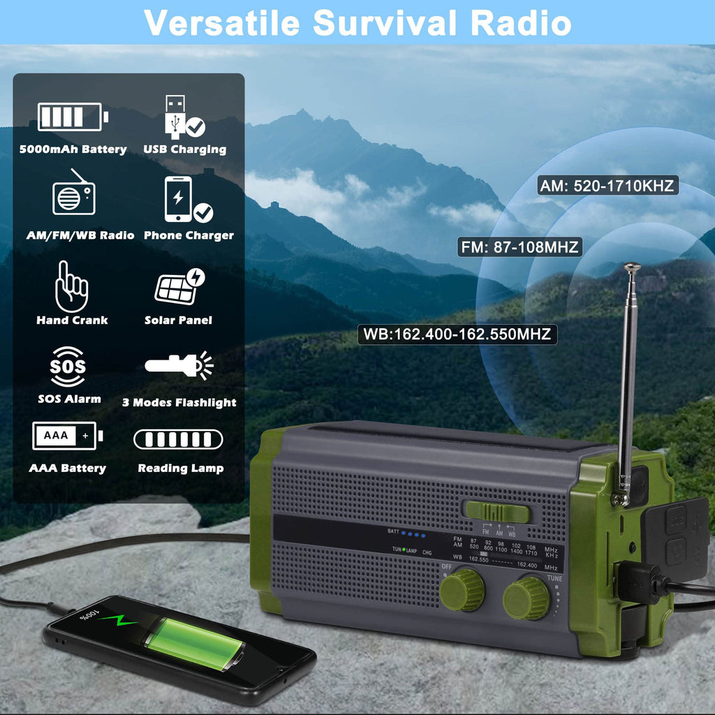 Dual Solar Panel Emergency Weather Radio with 5000mAh Power Bank, NOAA, AM/FM, Flashlight, Reading Light, SOS Alarm, and Hand Crank Charging