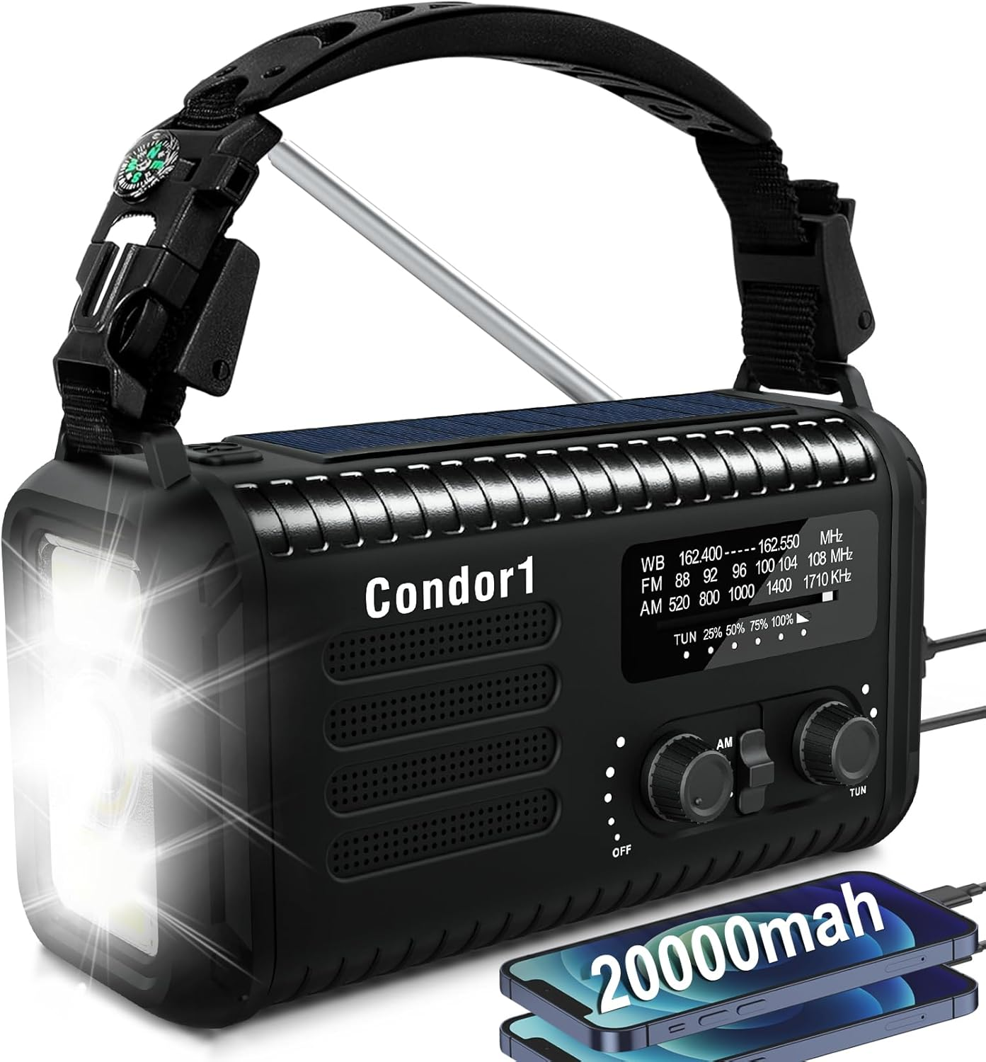 20,000mAh Survival Weather Radio with Solar, Hand Crank, NOAA AM/FM Dual Phone Charging, 120dB Alarm, Compass, Fire Starter, and Knife
