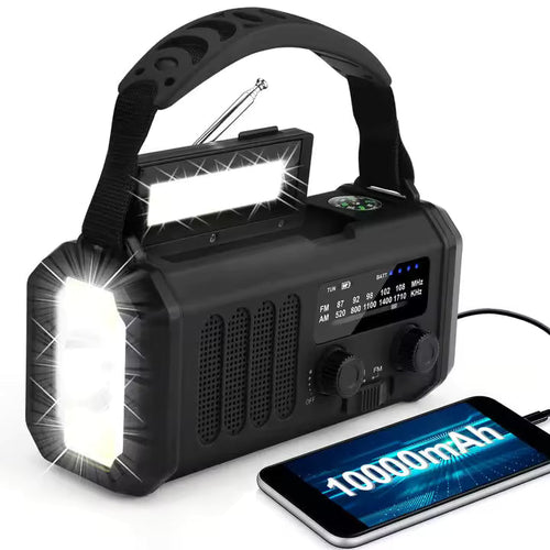 10,000mAh Emergency Weather Radio with Compass Solar, Hand Crank, USB Charging, AM/FM/NOAA Alerts, Flashlight, Reading Light, and Power Bank