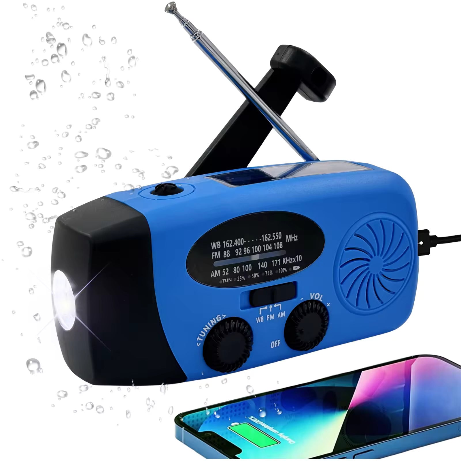 7-Band Emergency Weather AM/FM/WB Radio with NOAA Alerts, Flashlight, Phone Charger, Solar, USB, and Hand Crank Charging