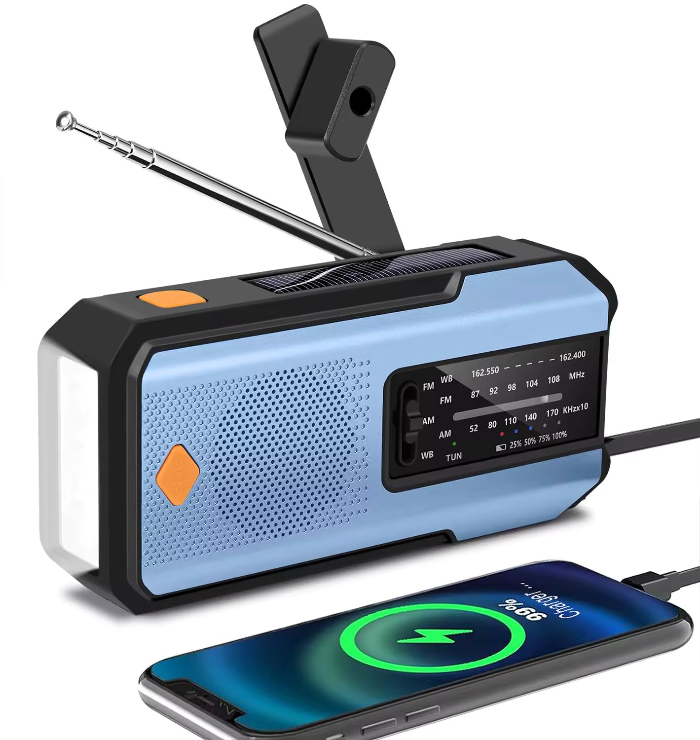 Compact Solar Emergency Weather Radio with 2000mAh Power Bank, AM/FM/NOAA, Front SOS Alarm Button, LED Flashlight, Cell Phone Charger, and Hand Crank
