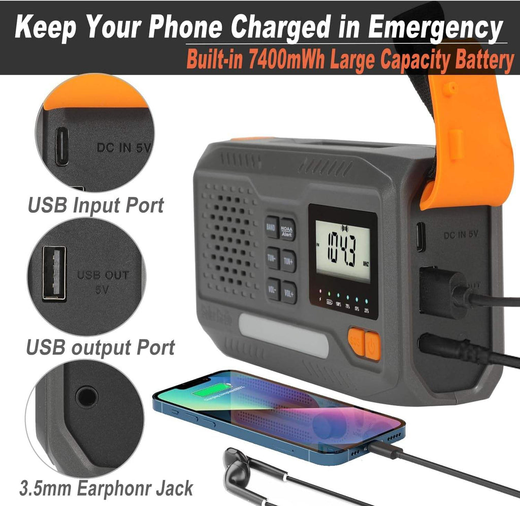 Digital Display Emergency Weather Radio with AM/FM/NOAA, Cell Phone Charger, Solar, Hand Crank, Flashlight, SOS Alarm, and Night Light