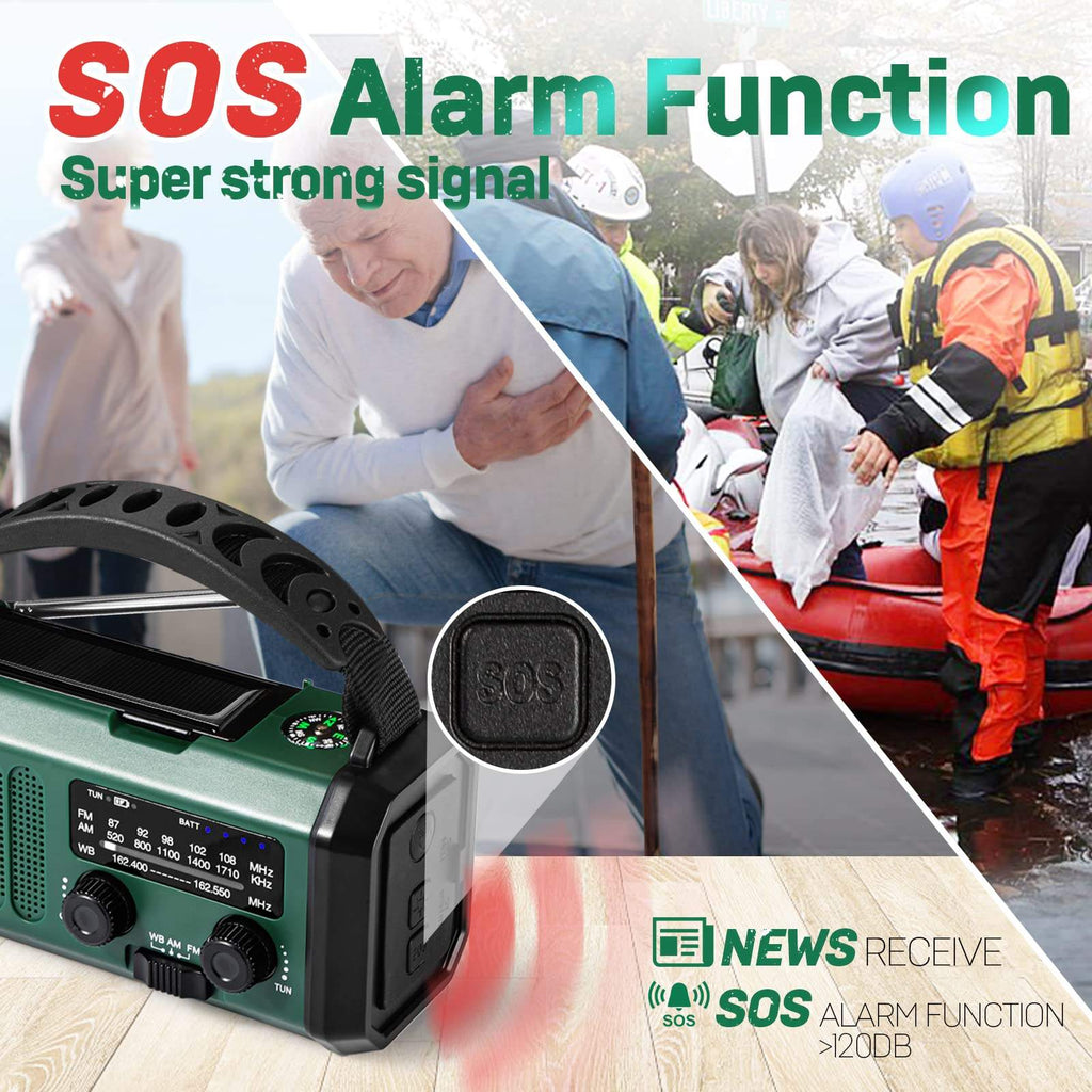 10,000mAh Emergency Weather Radio with Compass Solar, Hand Crank, USB Charging, AM/FM/NOAA Alerts, Flashlight, Reading Light, and Power Bank