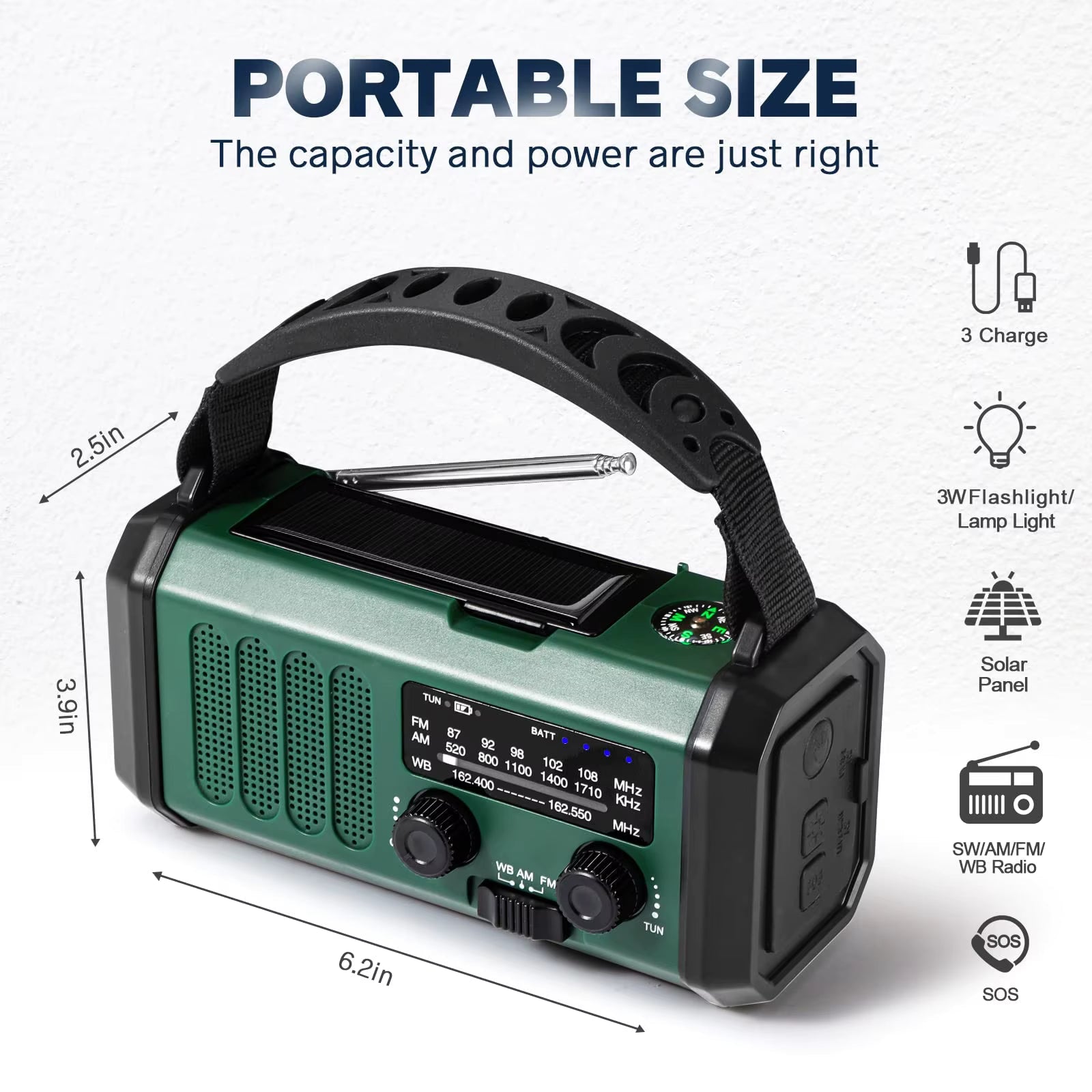 10,000mAh Emergency Weather Radio with Compass Solar, Hand Crank, USB Charging, AM/FM/NOAA Alerts, Flashlight, Reading Light, and Power Bank