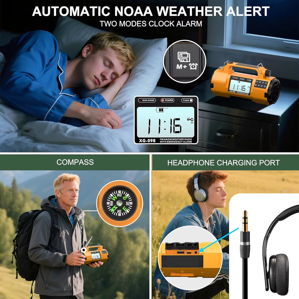 5000mAh IPX6 Digital Emergency Weather Radio with NOAA/AM/FM/SW/LW/MW, Solar, Hand Crank, AAA Battery Backup, Large LED Display, Alarm Clock, Spotlight Flashlight, 110dB Panic Alarm, and Phone Charging