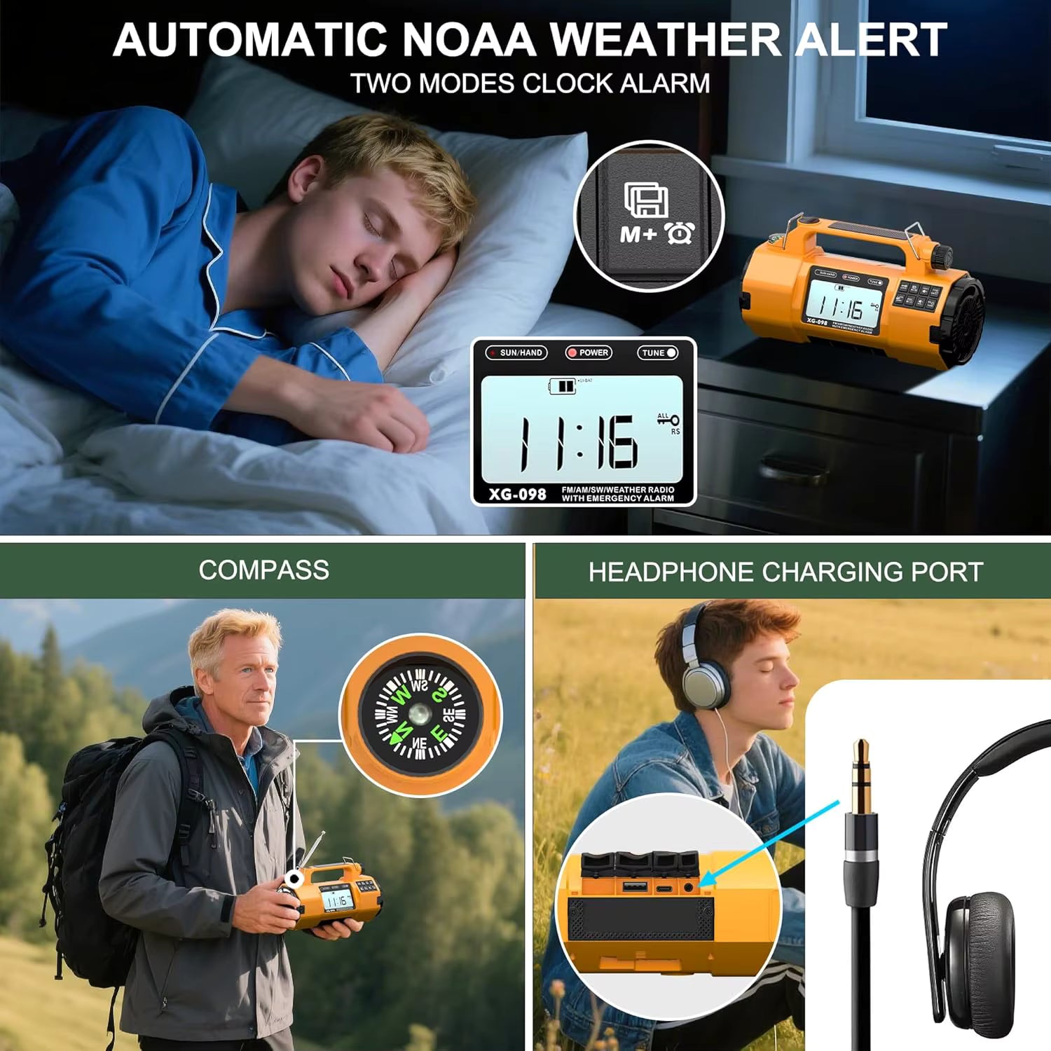 5000mAh IPX6 Digital Emergency Weather Radio with NOAA/AM/FM/SW/LW/MW, Solar, Hand Crank, AAA Battery Backup, Large LED Display, Alarm Clock, Spotlight Flashlight, 110dB Panic Alarm, and Phone Charging
