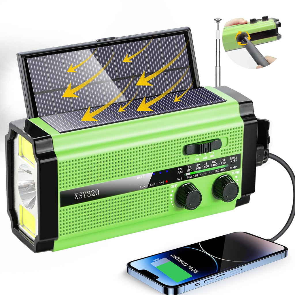 Dual Solar Panel Emergency Weather Radio with 5000mAh Power Bank, NOAA, AM/FM, Flashlight, Reading Light, SOS Alarm, and Hand Crank Charging