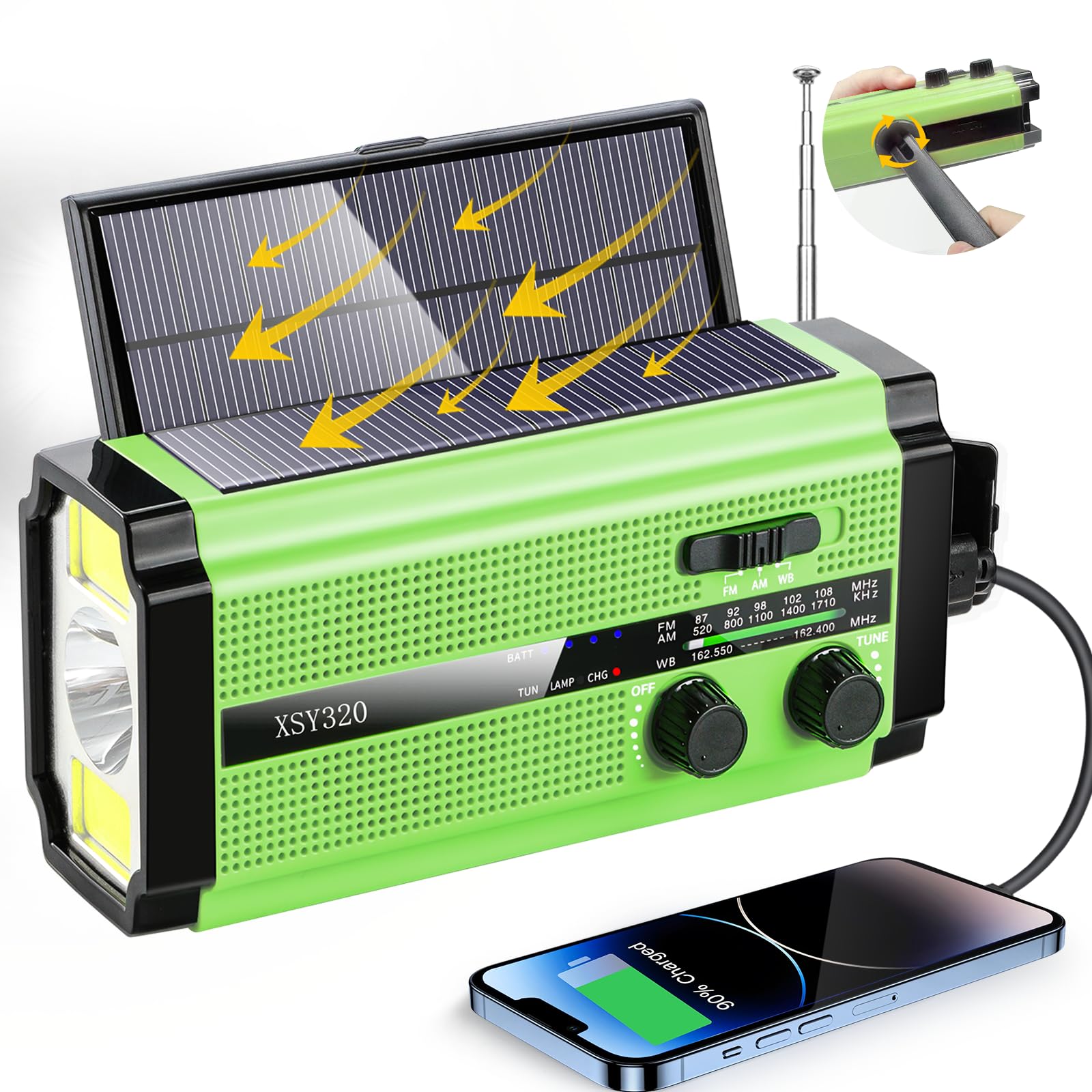 Dual Solar Panel Emergency Weather Radio with 5000mAh Power Bank, NOAA, AM/FM, Flashlight, Reading Light, SOS Alarm, and Hand Crank Charging