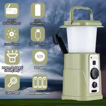 Solar Camping Lantern with AM/FM Radio, Phone Charger, Hand Crank, Hanging Light, SOS Alarm, and 5000mAh Power Bank, Rechargeable plus AAA Battery Backup
