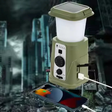 Solar Camping Lantern with AM/FM Radio, Phone Charger, Hand Crank, Hanging Light, SOS Alarm, and 5000mAh Power Bank, Rechargeable plus AAA Battery Backup