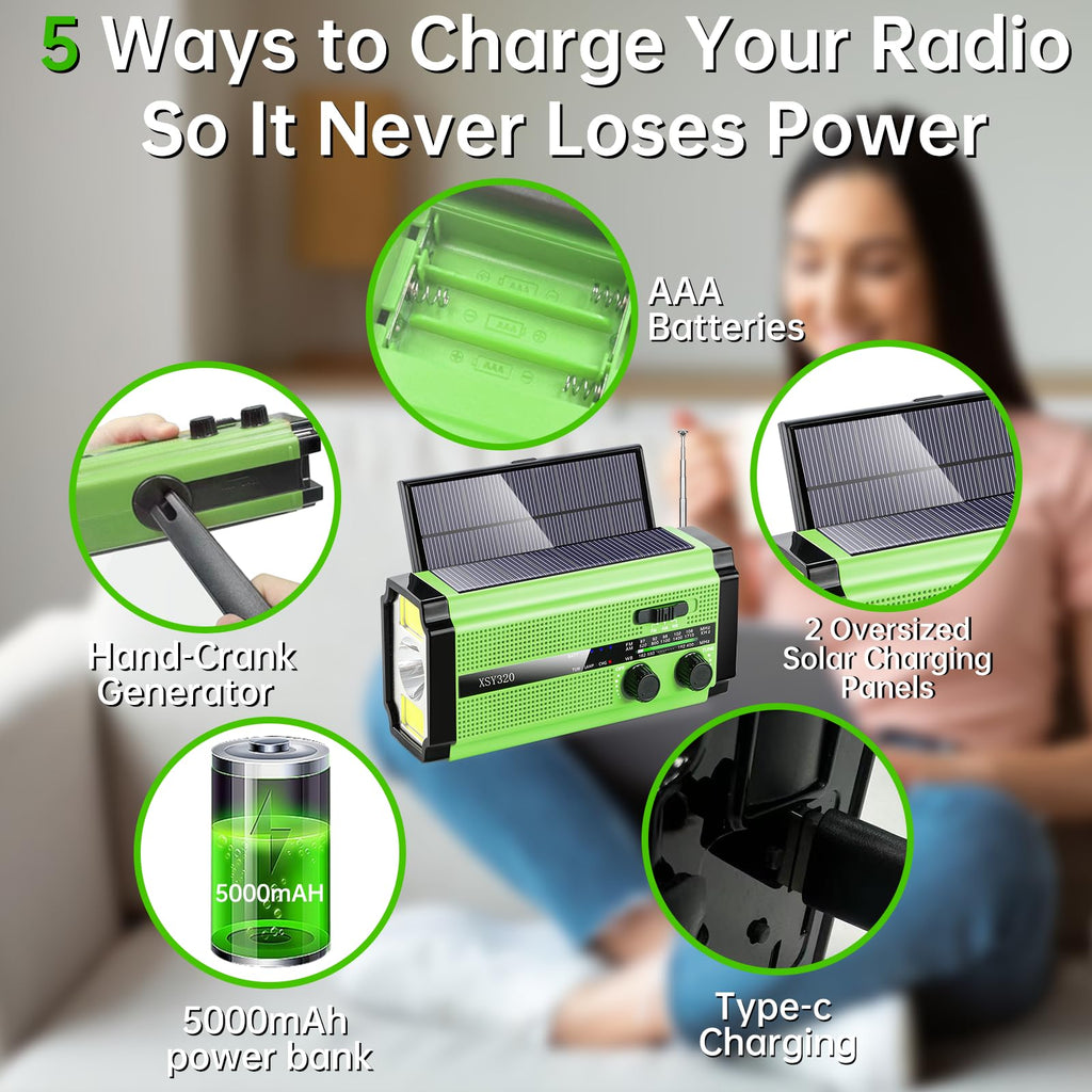 Dual Solar Panel Emergency Weather Radio with 5000mAh Power Bank, NOAA, AM/FM, Flashlight, Reading Light, SOS Alarm, and Hand Crank Charging