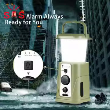 Solar Camping Lantern with AM/FM Radio, Phone Charger, Hand Crank, Hanging Light, SOS Alarm, and 5000mAh Power Bank, Rechargeable plus AAA Battery Backup