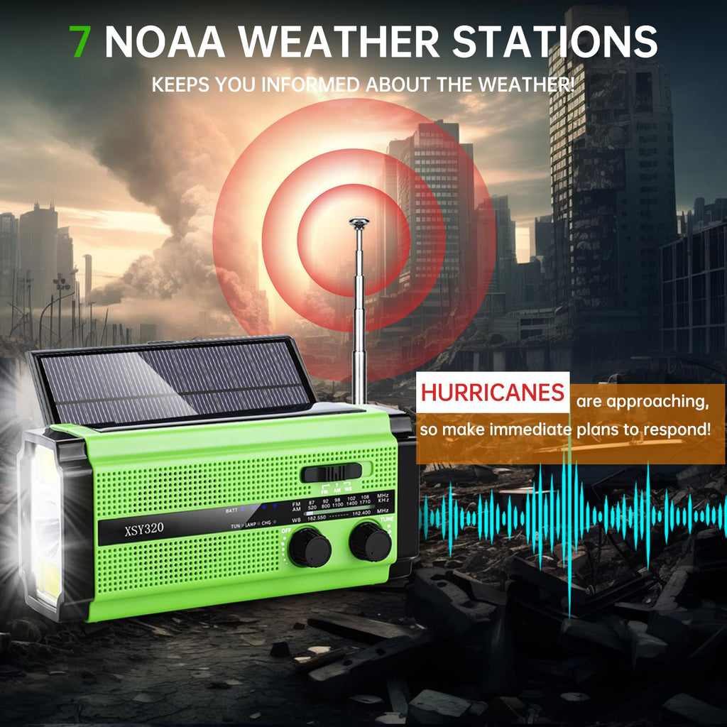 Dual Solar Panel Emergency Weather Radio with 5000mAh Power Bank, NOAA, AM/FM, Flashlight, Reading Light, SOS Alarm, and Hand Crank Charging