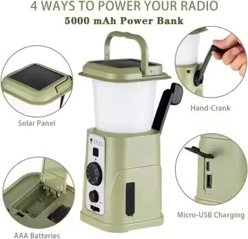Solar Camping Lantern with AM/FM Radio, Phone Charger, Hand Crank, Hanging Light, SOS Alarm, and 5000mAh Power Bank, Rechargeable plus AAA Battery Backup