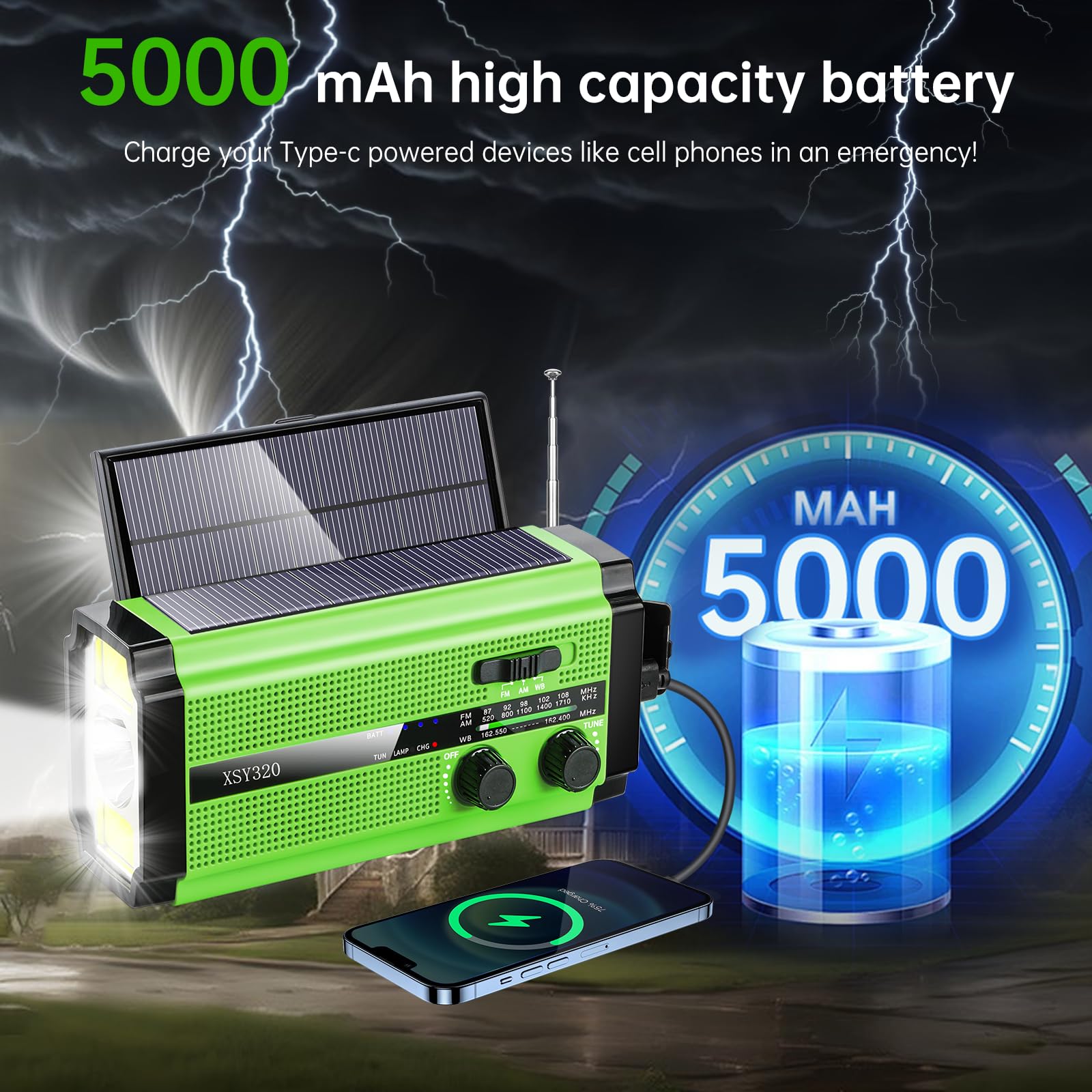 Dual Solar Panel Emergency Weather Radio with 5000mAh Power Bank, NOAA, AM/FM, Flashlight, Reading Light, SOS Alarm, and Hand Crank Charging