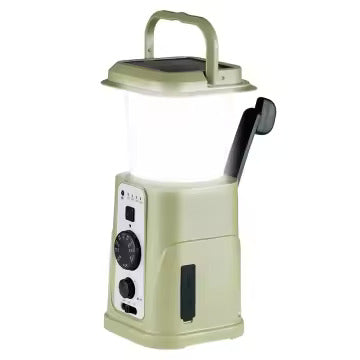 Solar Camping Lantern with AM/FM Radio, Phone Charger, Hand Crank, Hanging Light, SOS Alarm, and 5000mAh Power Bank, Rechargeable plus AAA Battery Backup
