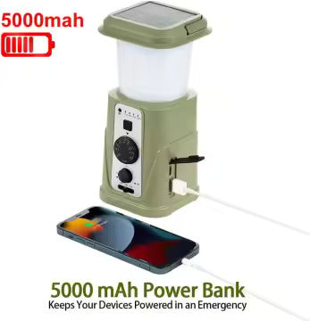 Solar Camping Lantern with AM/FM Radio, Phone Charger, Hand Crank, Hanging Light, SOS Alarm, and 5000mAh Power Bank, Rechargeable plus AAA Battery Backup