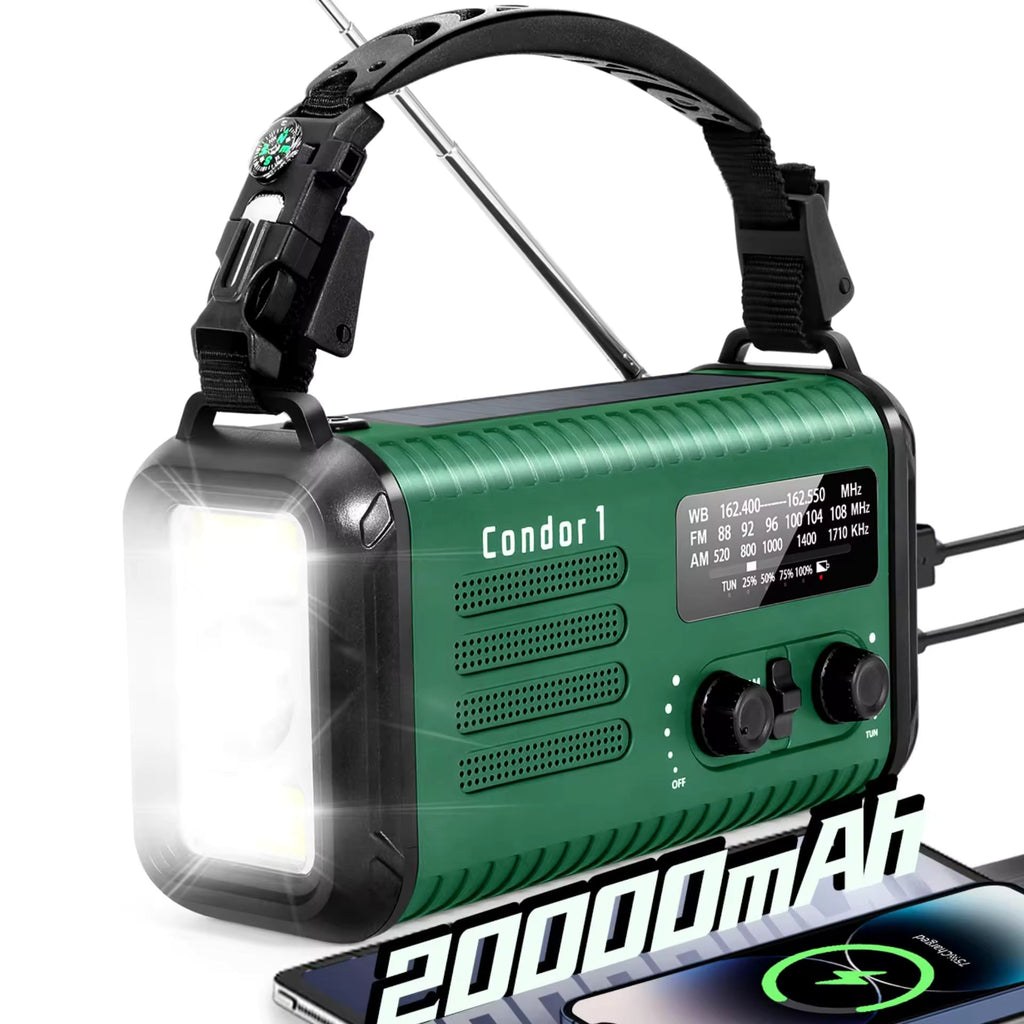 20,000mAh Survival Weather Radio with Solar, Hand Crank, NOAA AM/FM Dual Phone Charging, 120dB Alarm, Compass, Fire Starter, and Knife